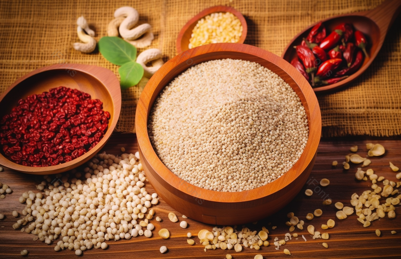 木板上放着用竹筒装好的新鲜藜麦和一些散落的粮食,高清,摄影图,摄影图片,图片大全,摄影图免费下载